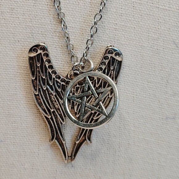 Silver Tone Pentagram Angel Wing Necklace 20" - Picture 3 of 6